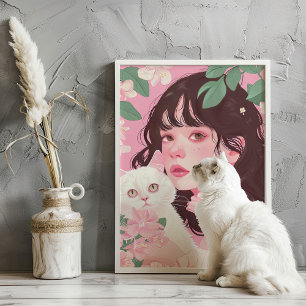 Coquette Girl with White Cat Pink Preppy Art Print Poster