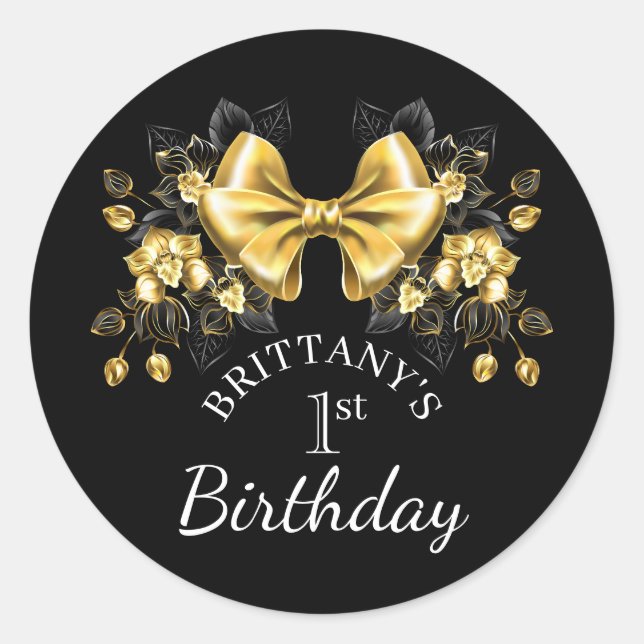 Coquette Gold Bow First Birthday Classic Runder Aufkleber (Vorderseite)
