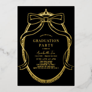 Coquette Gold Bow Ribbon Black Graduation Party Folieneinladung
