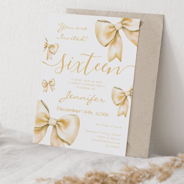 Coquette Gold Bow Sweet 16 Party Einladung (Coquette Gold Bow Sweet 16 Party Invitation)
