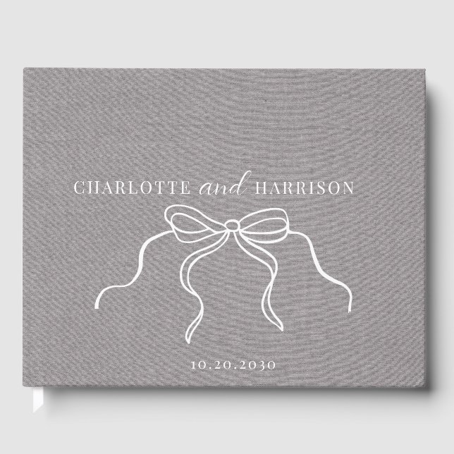 Coquette Grau Imitate Linen Monogram Coquette Bow Gästebuch (Vorderseite)