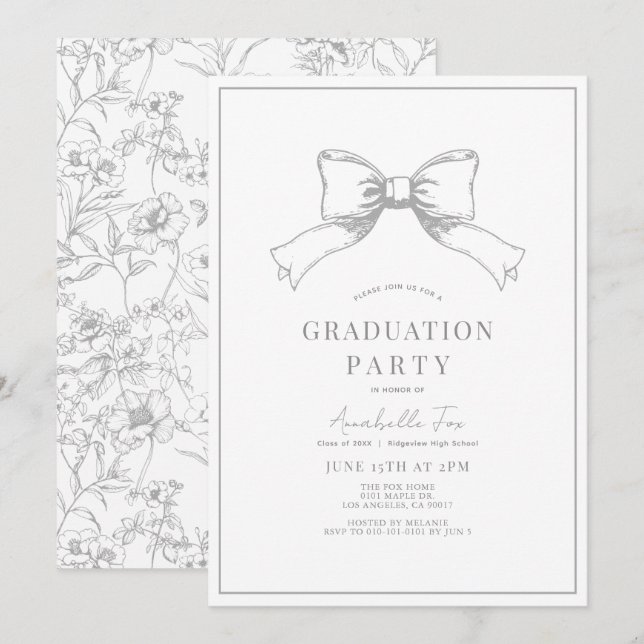 Coquette Gray Bow Ribbon Graduierungsparty Einladung (Vorne/Hinten)