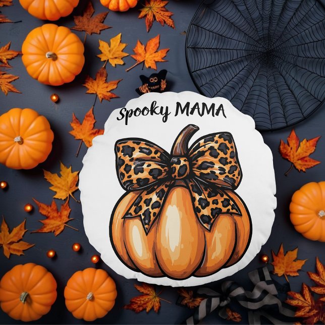 Coquette Halloween Leopart Pumpkin Bow Retro Rundes Kissen (Coquette Halloween Leopart Pumpkin Bow Retro Round Pillow)