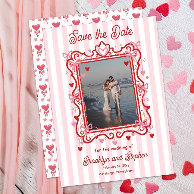Coquette Hearts & Bows Wedding Save the Date Ankündigung (Coquette Hearts and Bows Photo Wedding Save the Date Announcement - Print | Digital Download)