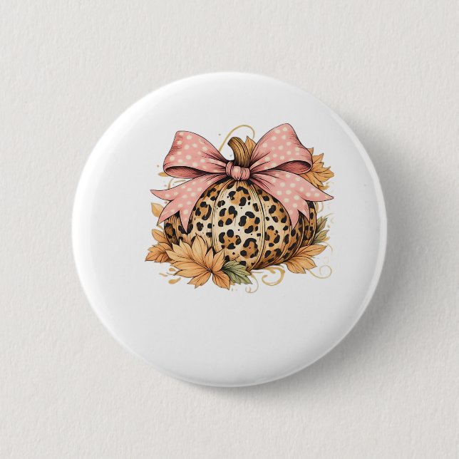 Coquette Leopard Pumpkin with Pink Bow - Glam Fall Button (Vorderseite)