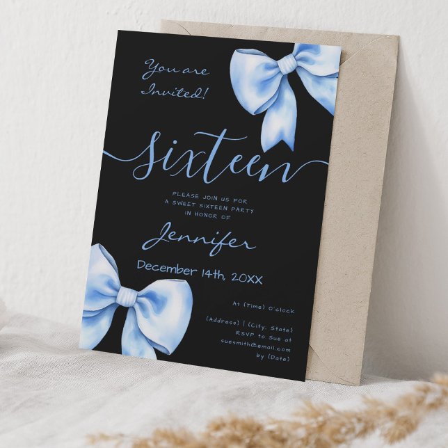 Coquette Navy Blue Bow Sweet 16 Birthday Black Einladung (Coquette Navy Blue Bow Sweet 16 Birthday Black Invitation)