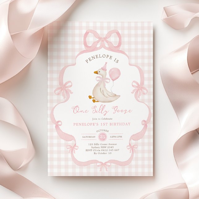 Coquette One Silly Goose Pink Bow 1st Birthday Einladung (Von Creator hochgeladen)