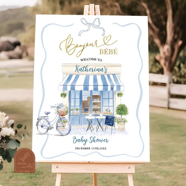 Coquette Parisian café French Blue Welcome Sign Poster (Von Creator hochgeladen)