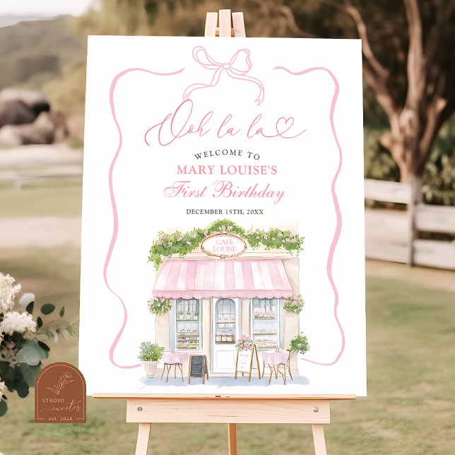 Coquette Parisian cafe French Pink Welcome Sign Poster (Von Creator hochgeladen)