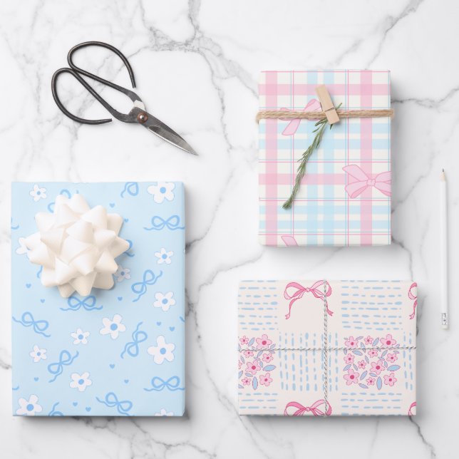 Coquette Pastel Blue Cute Wrapping Paper Geschenkpapier Set (Vorderseite)