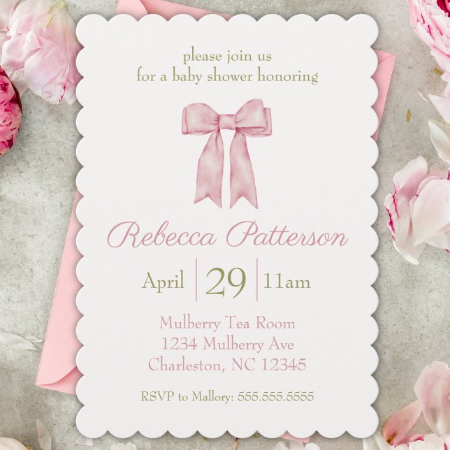 Coquette Pink Aquarellbow Feminine Babydusche Einladung (coquette aesthetic baby shower invitation cute pink tea party bow girly feminine sweet invite for he)