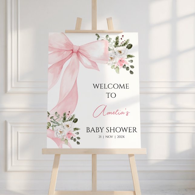 Coquette Pink Blütenbraun Babydusche Begrüßungszei Fotodruck (Coquette Pink Bow Baby Shower Welcome Poster, Bow Baby Shower Welcome Sign, Pink Floral Winter)