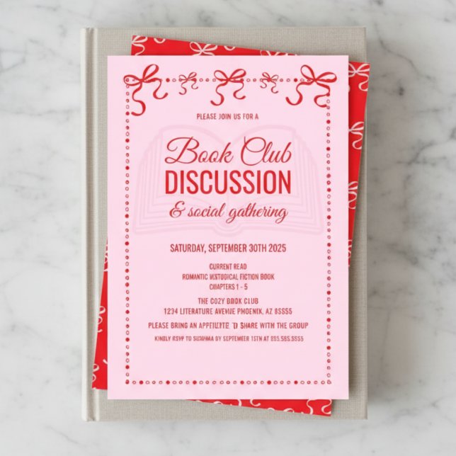 Coquette Pink Book Club Invitation Einladung (red and pink hand drawn doodle book club theme party invitation with coquette bows and script font)