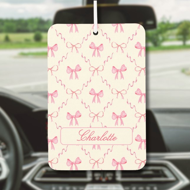 Coquette Pink Bow Air Freshener Autolufterfrischer (sweet cute girly coquette pink bow car air freshener with custom name in script calligraphy)