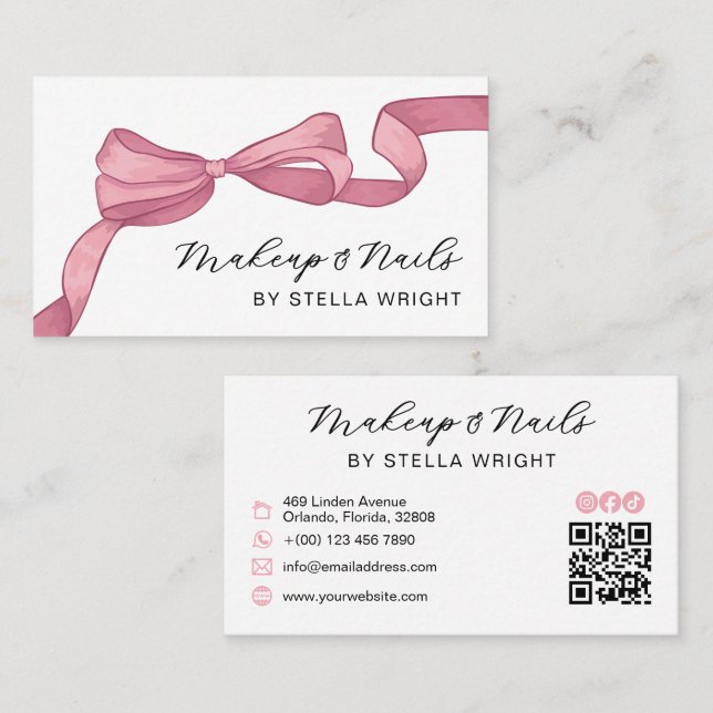 Coquette Pink Bow Beauty QR Code Visitenkarte (Vorne/Hinten)