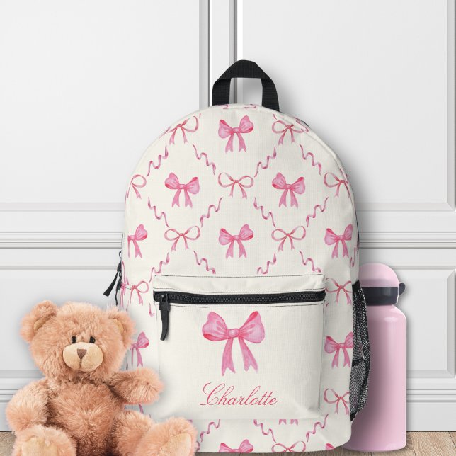 Coquette Pink Bow Bedruckter Rucksack (cute sweet pink coquette bows backpack with custom name in girly script for girls for back to school)