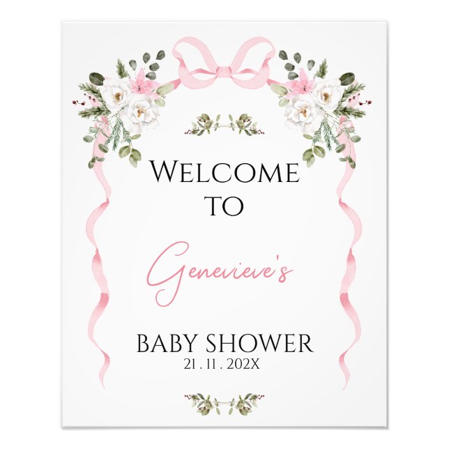 Coquette Pink Bow Blumenblütendusche Begrüßungszei Fotodruck (Vorne)