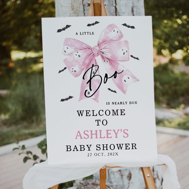 Coquette Pink Bow Boo Baby Dusche Begrüßungszeiche Fotodruck (Little Boo is Almost Due Baby Shower Welcome Sign, Croquette Halloween Little Boo Baby Shower Sign)