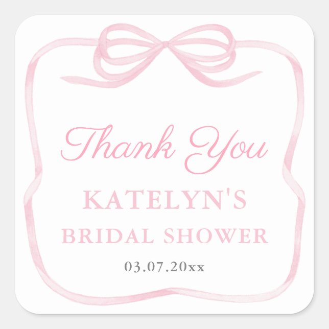 Coquette Pink Bow Brautparty Vielen Dank Quadratischer Aufkleber (Vorderseite)