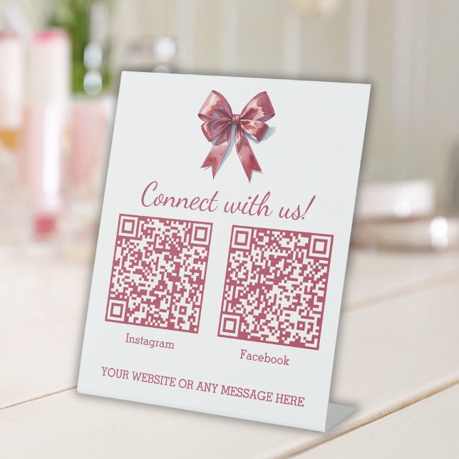 Coquette Pink Bow Business Two QR Codes Sockelschild (Von Creator hochgeladen)