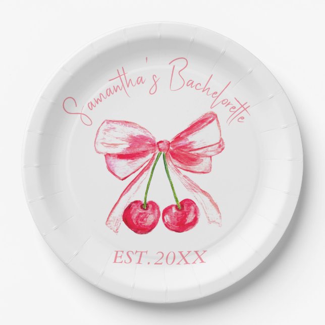 Coquette Pink Bow Cherry Junggeselinnen-Abschied Pappteller (Vorderseite)