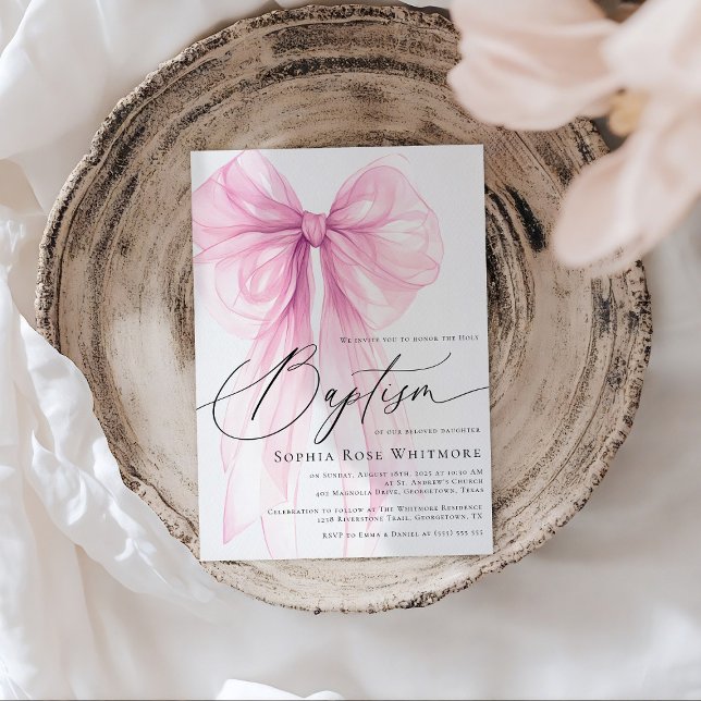 Coquette Pink Bow Girl Baptism Einladung (Von Creator hochgeladen)