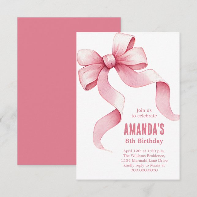 Coquette Pink Bow Girl Birthday Einladung (Vorne/Hinten)