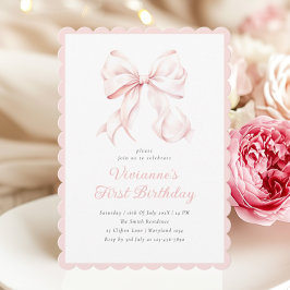 Coquette Pink Bow Girl First Birthday Invitation