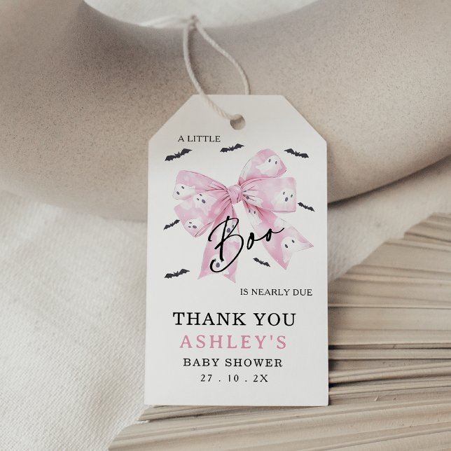 Coquette Pink Bow Little Boo Baby Dusche Geschenkanhänger (Little Boo is Almost Due Baby Shower Tag, Pink Bow Croquette Halloween Little Boo Baby Shower Tag)