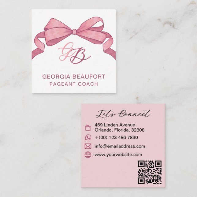Coquette Pink Bow Monogram Beauty QR Code Quadratische Visitenkarte (Vorne/Hinten)
