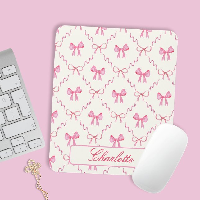Coquette Pink Bow Mousepad (sweet cute personalized pink bow coquette mousepad with custom name in elegant calligraphy script)