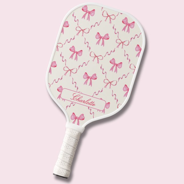 Coquette Pink Bow Pickleball Schläger (sweet coquette pink bows pickleball paddle, customizable with name in calligraphy script)