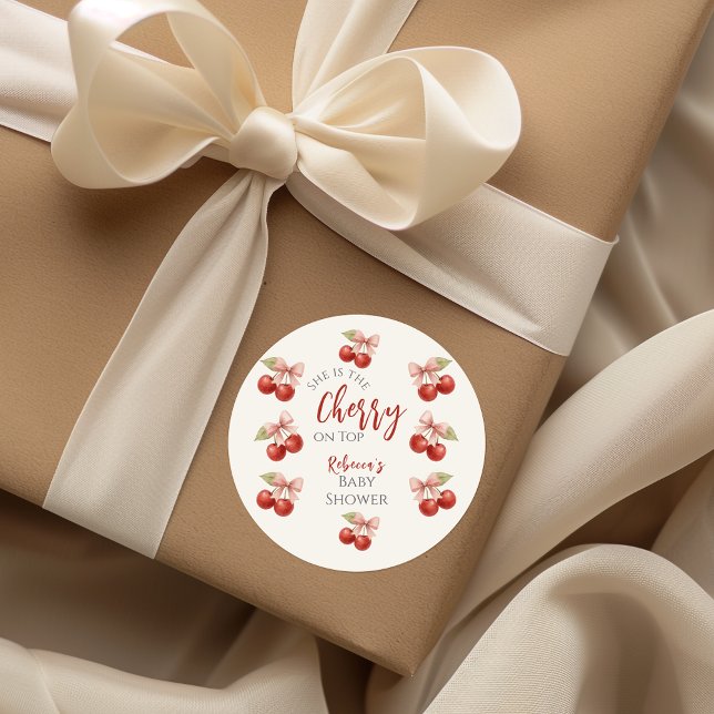 Coquette Pink Bow Red Cherry auf Top Baby Dusche Runder Aufkleber (Von Creator hochgeladen)