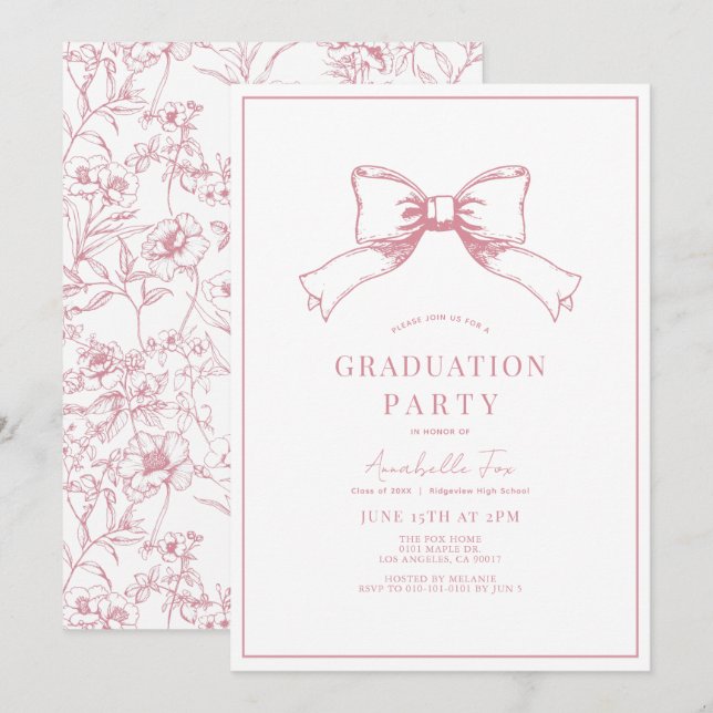 Coquette Pink Bow Ribbon Graduierungsparty Einladung (Vorne/Hinten)