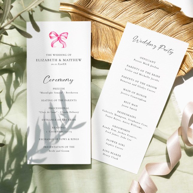 Coquette Pink Bow Simple Wedding Programm (Von Creator hochgeladen)