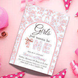 Coquette Pink Bow Toile Girl Erster Geburtstag Einladung