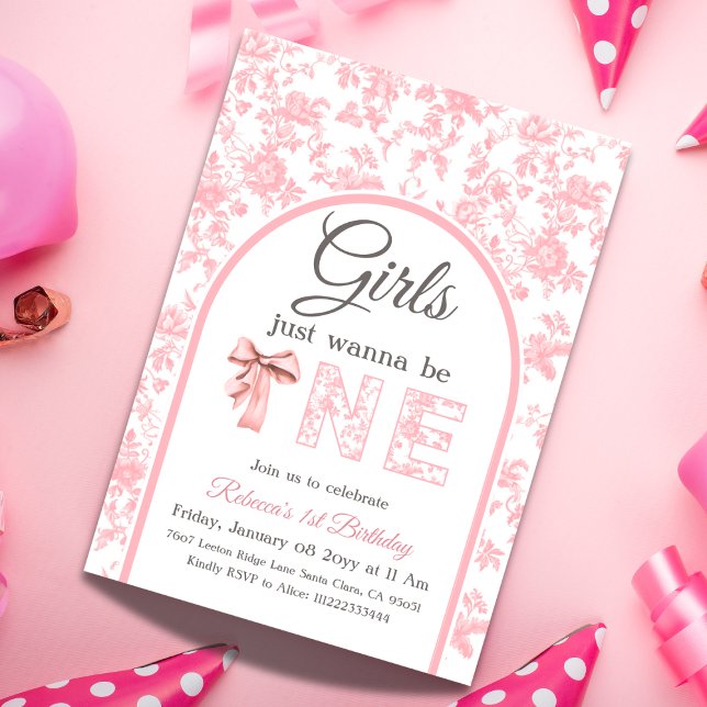 Coquette Pink Bow Toile Girl Erster Geburtstag Einladung (Von Creator hochgeladen)