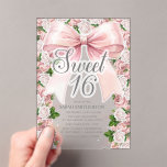 Coquette Pink Bow Vintag Sweet 16 Acryleinladungen<br><div class="desc">Feiern Sie ihren besonderen Tag mit diesem eleganten pinkfarbenen, floralen Acryl Sweet 16 mit einem durchsichtigen Zentrum, sanften pastellfarbenen Rose, glänzenden Diamantakzenten und einem glamourösen, übergroßen, rot-rosa Bogen. Das klare Acryl-Design verleiht der Einladung ein modernes, gehobenes Aussehen, während die Blumen- und Farbenelemente Charme und Eleganz verleihen. Diese Einladung eignet sich...</div>