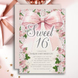 Coquette Pink Bow Vintag Sweet 16 Einladung<br><div class="desc">Eleganter Vintag rosa Coquette-Bogen mit rot rosa Aquarellblüte (Rose) und bemalten grünen Aquarellfarben Blätter auf rosa Sweet 16 Geburtstagsfeier Einladung. Kontaktieren Sie mich,  um Hilfe bei Ihren Anpassungen zu erhalten,  um zusätzliche Matching oder Koordination von Zazzle Produkten für Ihre Veranstaltung zu fordern.</div>