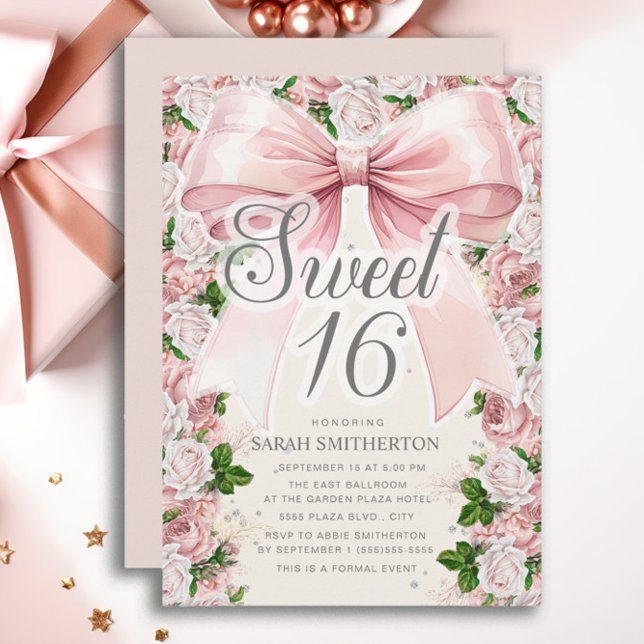 Coquette Pink Bow Vintag Sweet 16 Einladung (Pink Coquette Bow Sweet 16 birthday party invitation)