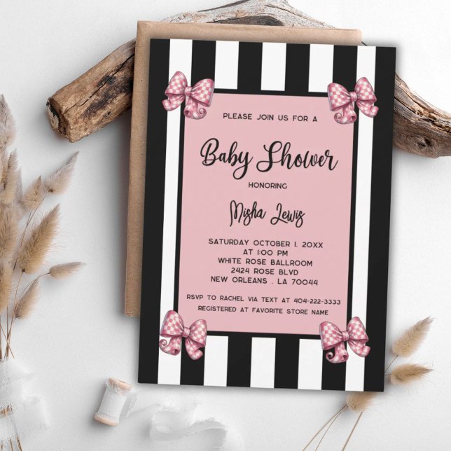 Coquette Pink Bows Black Stripe Baby Dusche Einladung (Von Creator hochgeladen)