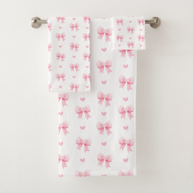 Coquette Pink Bows Ribbons Nahtloses Muster Badhandtuch Set (Insitu)
