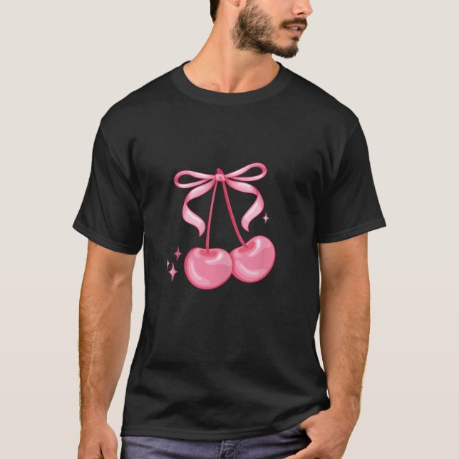 Coquette Pink Cherry Bow Ästhetische Niedliche Tre T-Shirt (Vorderseite)