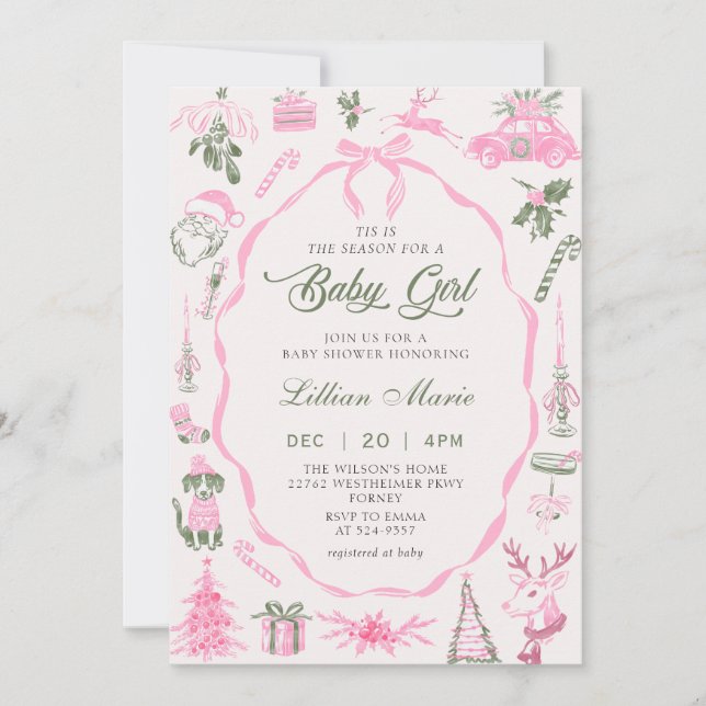 Coquette Pink Christmas Baby Shower Invitation Einladung (Vorderseite)