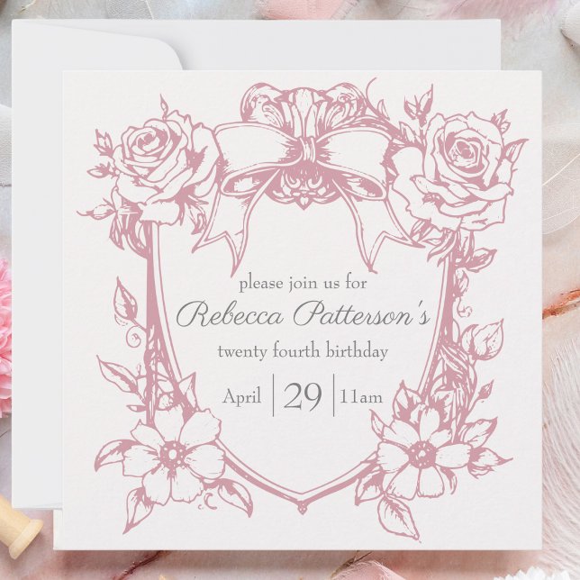Coquette Pink Niedliche weibliche Rahmen Party Einladung (feminine pink coquette birthday  party invitation pink bow floral frame victorian tea party cute)