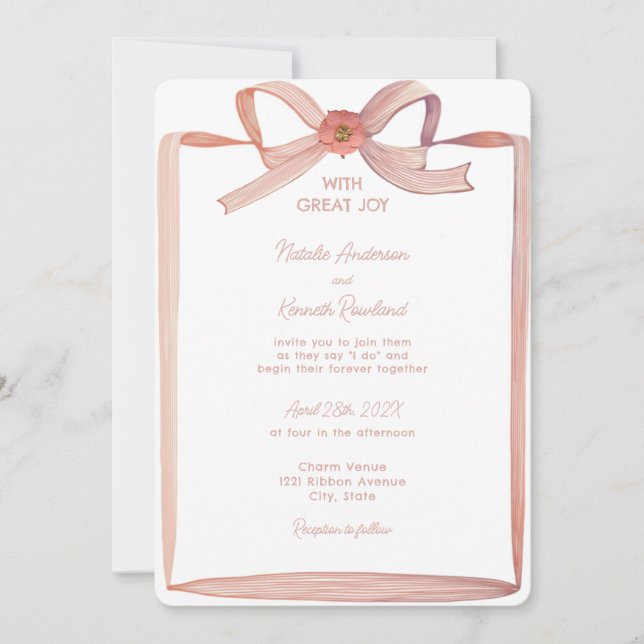 Coquette Pink Paper Ribbon Wedding Einladung (Vorderseite)