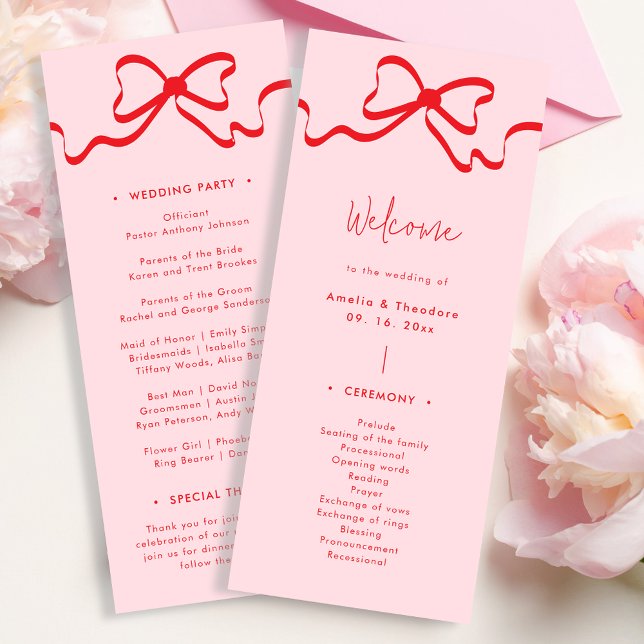 Coquette Pink Red Bow Wedding Program Einladung (Von Creator hochgeladen)