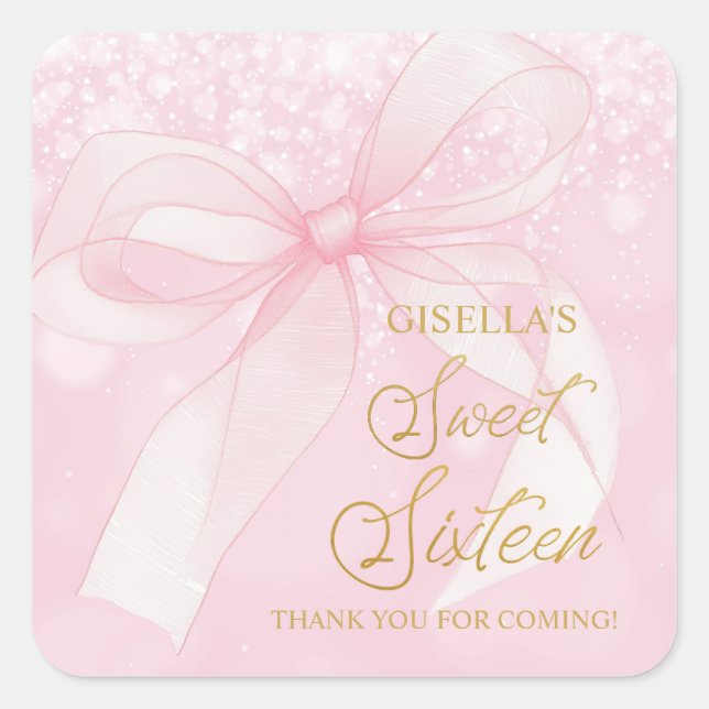 Coquette Pink Ribbon Bows Sweet 16 16 Quadratischer Aufkleber (Vorderseite)