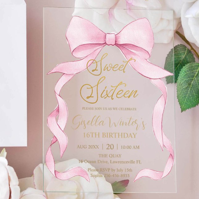 Coquette Pink Ribbon Bows Sweet 16 Birthday Acryleinladungen (Von Creator hochgeladen)