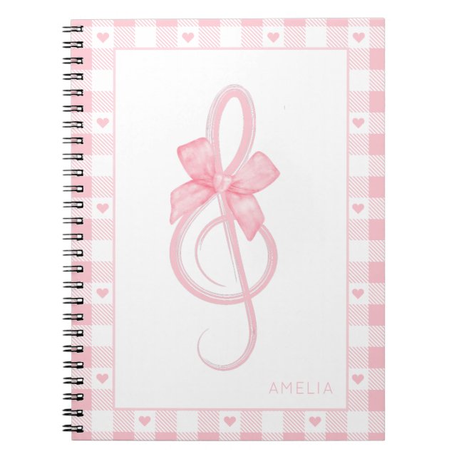 Coquette Pink Treble Clef Bow Gingham Pattern Notizblock (Vorderseite)